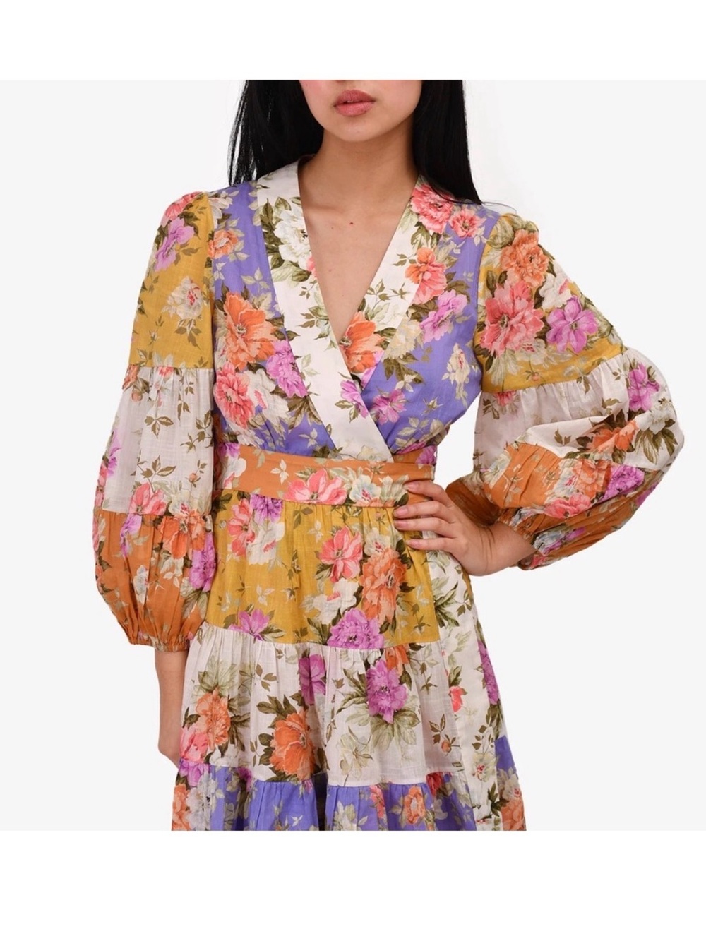 Zimmermann Floral Patchwork Wrap Midi Dress in Mustard & Lavender